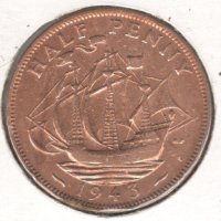 United Kingdom-½ Penny-1943-KM# 844-George VI-with 'IND:IMP', снимка 1 - Нумизматика и бонистика - 19827645