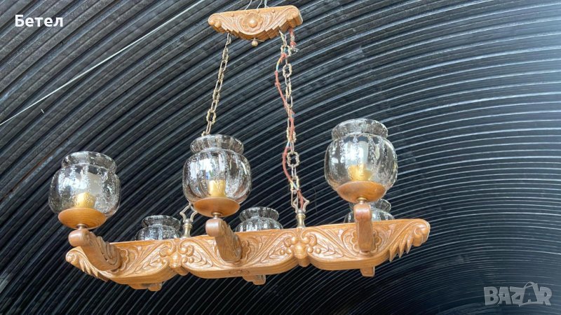 Уникален ръчна дърворезба масивен дъбов полилей с 6 глобуса,Германия, снимка 1