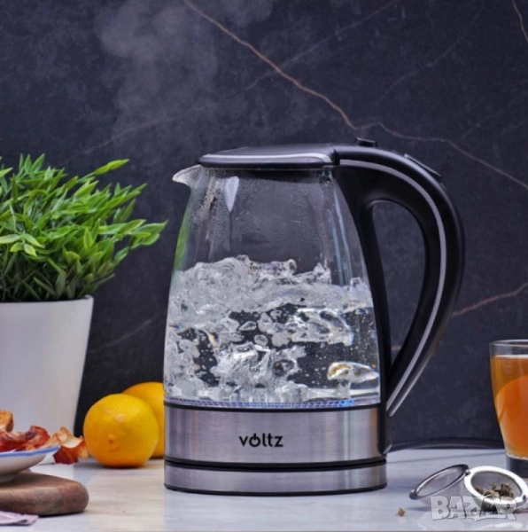 Светеща електрическа кана Voltz, 2200W, 1.7 литра, стъкло, безжична, 2 ГОДИНИ ГАРАНЦИЯ, снимка 1