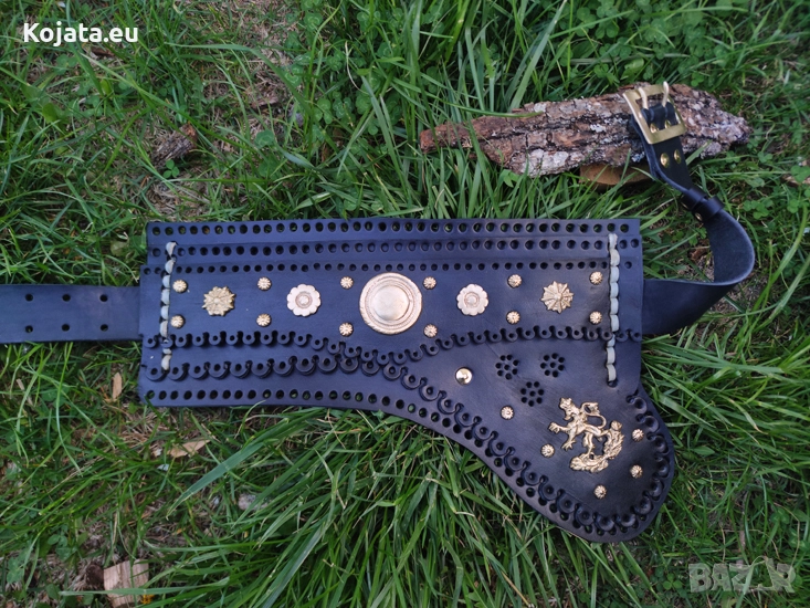 Силях / Силяхлък - с един колан - 39 см - черен ( бронзова катарама ) - бронзово лъвче, снимка 1