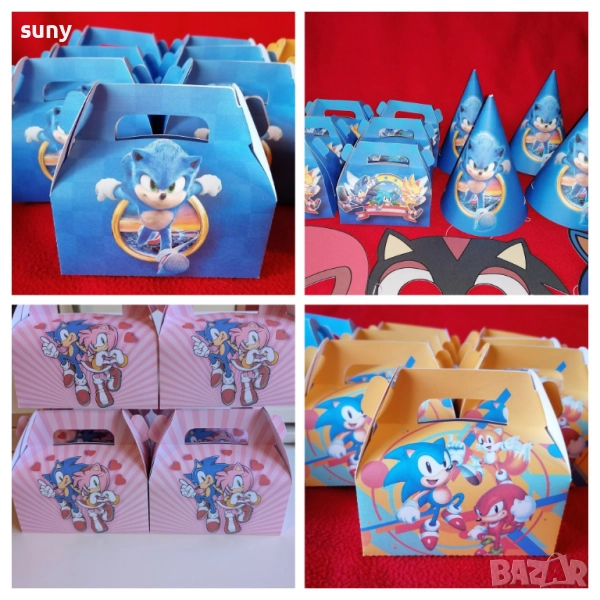 Кутийка за лакомства Соник, парти чинийки, парти чашки, медали, парти свирки, маски, картонена торта, снимка 1