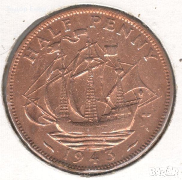United Kingdom-½ Penny-1943-KM# 844-George VI-with 'IND:IMP', снимка 1