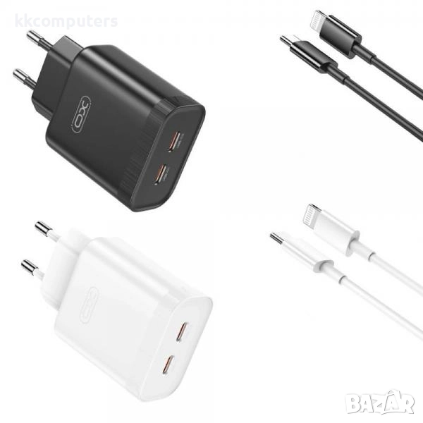 Зарядно/Адаптер 220V XO-L105 / QC 3.0 2xUSB PD 35W + Lightning Кабел / Бял / Баркод : 456283, снимка 1