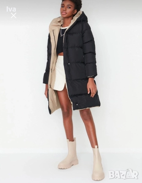 Двулицево зимно дълго яке – черно и бежово, снимка 1