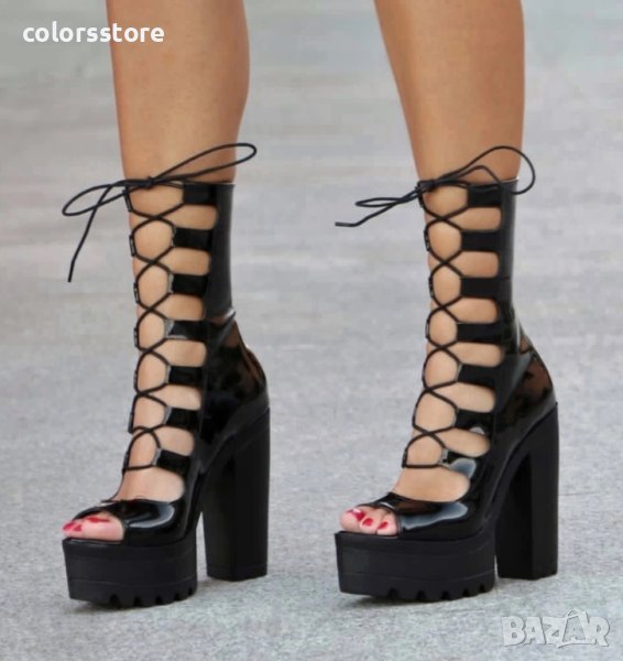 Летни боти на ток - черен лак - 101, снимка 1