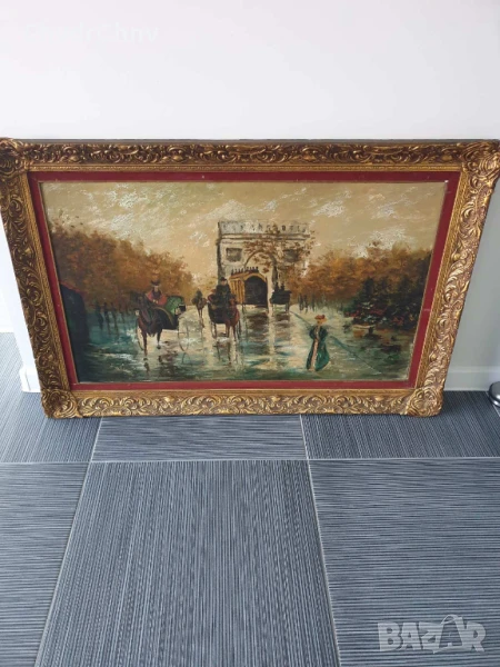 120х80см/стара голяма картина масло върху платно/градски пейзаж-Париж-карети/барокова дървена рамка, снимка 1