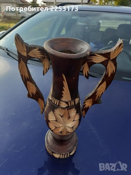 Дървена рисувана ваза с дръжки, снимка 1