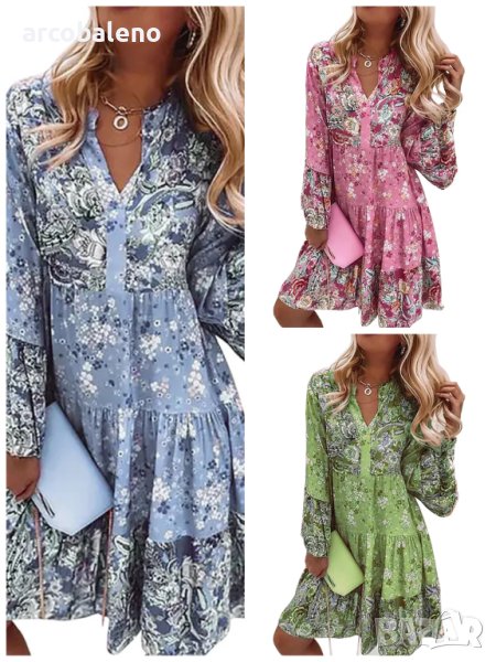 Дамска мини рокля с V-образно деколте и щампована флорална мозайка с дълги ръкави, 3цвята, снимка 1