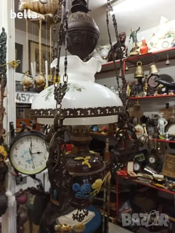 Стар масивен антикварен  полилей ,рисувана керамика ,рисувано стъкло,газено шише,действащ, снимка 3 - Антикварни и старинни предмети - 48766750