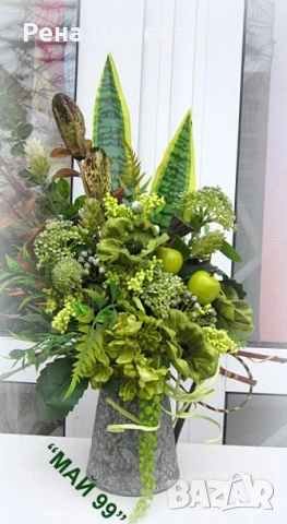 Зелена аранжировка в метална антична кана, снимка 3 - Декорация за дома - 53009833