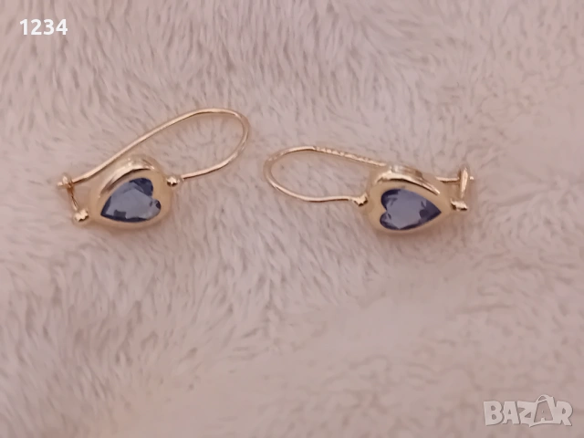 Златни обеци с аквамарини сърца, снимка 3 - Обеци - 53140212