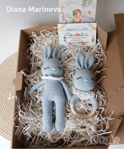 Детска играчка ръчна изработка, плетено зайче, дрънкалка и клипс за биберон, подарък за бебе, снимка 4 - Други - 41480447