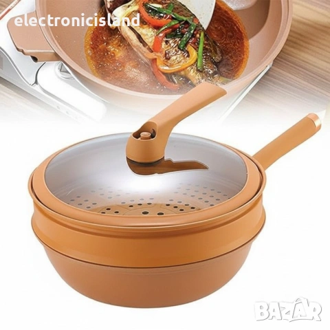 Уок Тиган 32 см, 8 в 1, керамично покритие MicroClay, пържене, варене, задушаване и готвене на пара, снимка 3 - Съдове за готвене - 53053440
