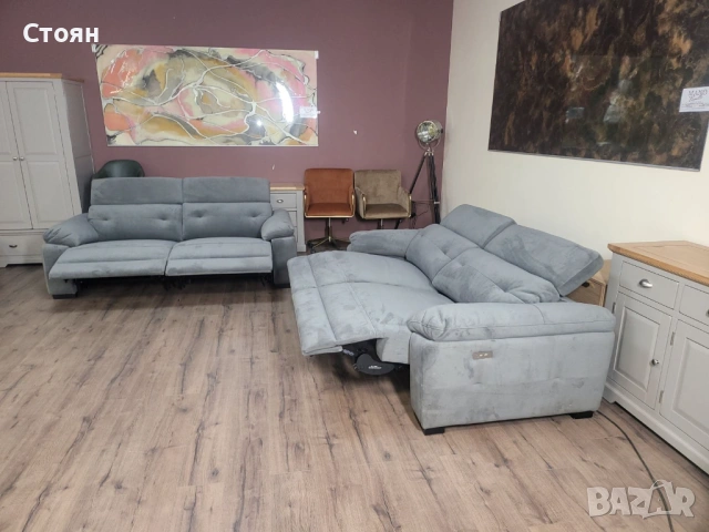 Сив комплект дивани от плат две тройки с ел релакс механизъм, снимка 11 - Дивани и мека мебел - 53740006