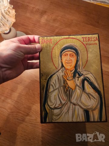 Старинна ръчно рисувана икона на Майка Тереза от Калкута  - светица грижеща се за най-бедните и болн, снимка 2 - Икони - 44354913
