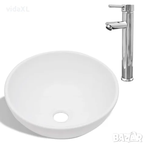 vidaXL Мивка за баня със смесител, керамична, кръгла, бяла