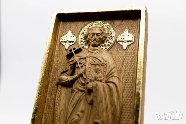 Позлатена икона на свети Виктор от масивен дъб със злато, снимка 7 - Икони - 53224421