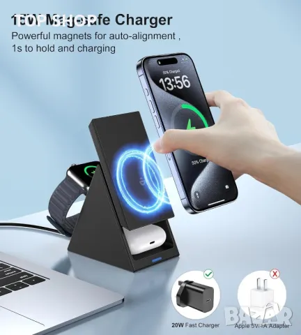 Зарядно Magsafe за iPhone 12/13/14/15 Pro Max Mini Plus, 3 в 1, снимка 5 - Безжични зарядни - 49333031