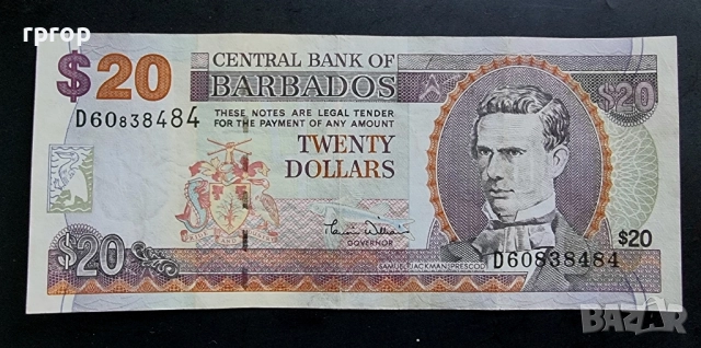 20 долара. Барбадос. 1996 година. Добре запазена на вид банкнота.