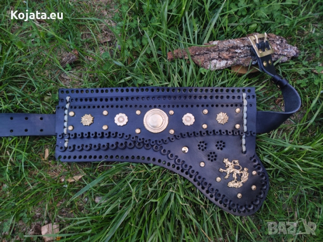 Силях / Силяхлък - с един колан - 39 см - черен ( бронзова катарама ) - бронзово лъвче