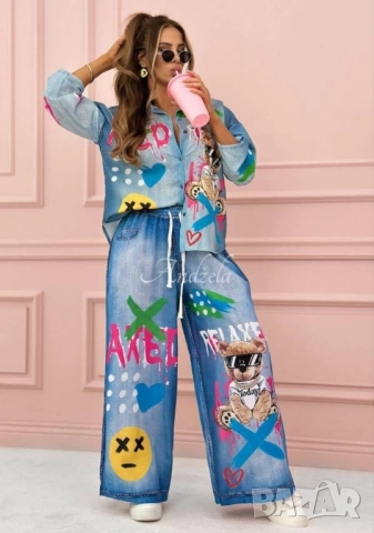 дамски деним комплект риза и дънки 