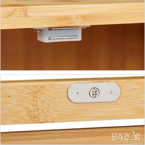 Бамбукова етажерка за баня Relaxdays, 2 рафта и 1 отделение с врата, баня и кухня., снимка 6 - Етажерки - 39975837