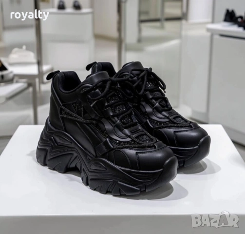 Кецове на платформа - черна кожа и брокат