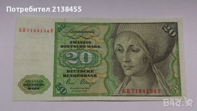 Банкнота от 20 марки 1980 година - Западна Германия, снимка 2 - Нумизматика и бонистика - 53487628