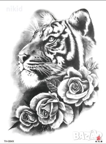 Тигър с рози временна татуировка татос татус Tattoo, снимка 2 - Други - 41488560