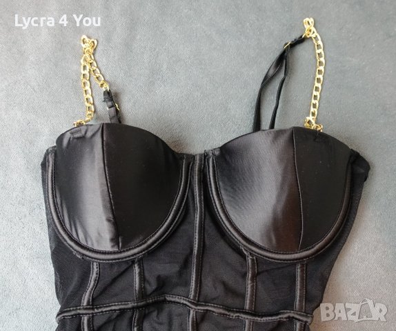 S луксозно черно боди със сатен и тюл и златисти верижни презрамки, снимка 4 - Бельо - 40552258
