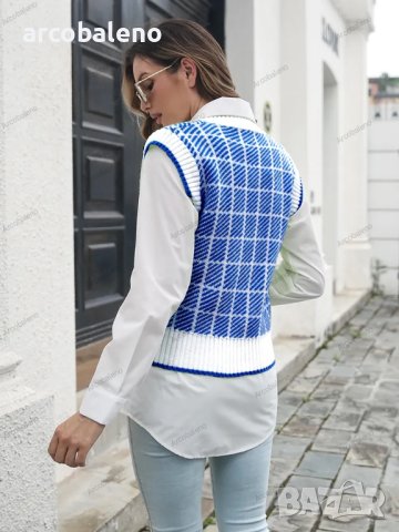 Дамски моден кариран пуловер с V-образно деколте, 4цвята, снимка 17 - Блузи с дълъг ръкав и пуловери - 42146039