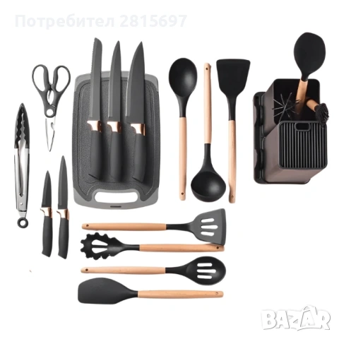 Кухненски комплект от 19 части Cheffing KSUT01 - ножове, силиконови прибори, поставка и дъска, снимка 3 - Прибори за хранене, готвене и сервиране - 53756137