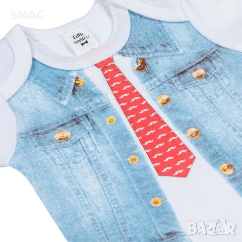 Бебешко боди Памучен бял деним с къс ръкав Червен дизайн на вратовръзка S_1202753, снимка 2 - Бодита за бебе - 49897523