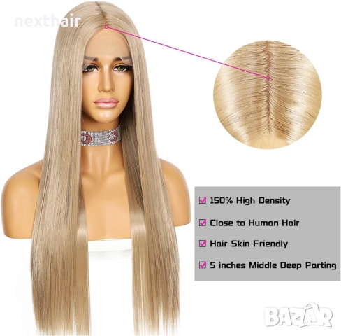 75 см тъмно руса пепелява права перука с дантела лейс фронт 13×4, снимка 9 - Аксесоари за коса - 51435808