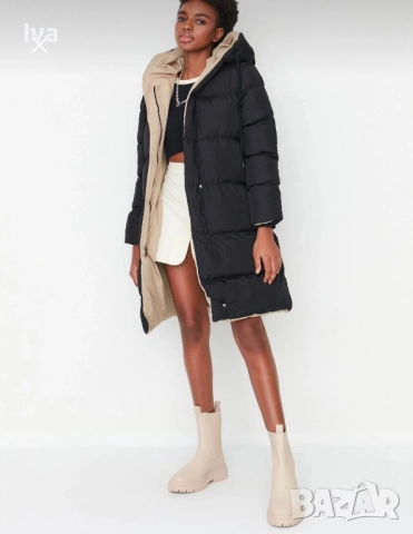 Двулицево зимно дълго яке – черно и бежово, снимка 2 - Якета - 52094639