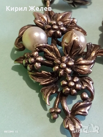 Винтидж сребърни обеци с флорален мотив и инкрустирани перли ювелирна изработка 52447, снимка 2 - Обеци - 52909467
