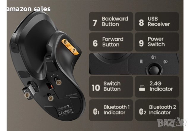 ProtoArc Ергономична мишка EM11 NL Bluetooth презареждаща безжична вертикална връзка с 3 устройства, снимка 11 - Клавиатури и мишки - 51912037