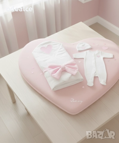 Комплект за изписване с бродерия сърчице и дантела Love baby, 3 части