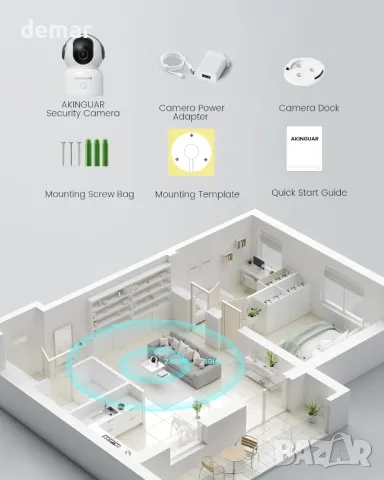 AKINGUAR Wifi 2К камера, 360° панорамна/накланяща се домашна камера, двупосочен разговор, снимка 9 - HD камери - 49403834