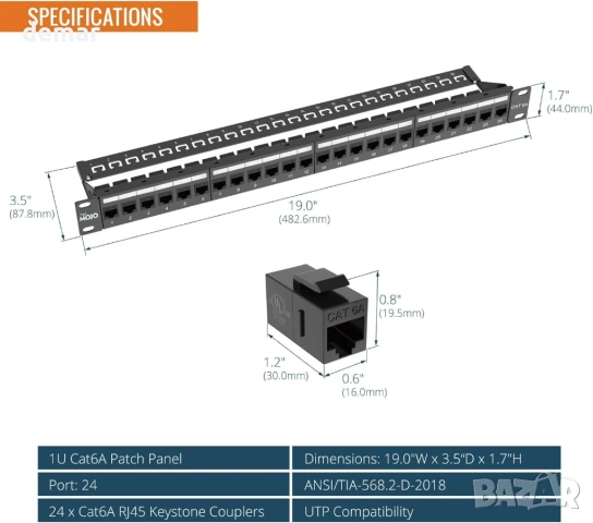 Tecmojo Cat6A 19'' мрежов пач панел за мрежов комутатор, 19-инчови сървърни шкафове, снимка 3 - Друга електроника - 53604639