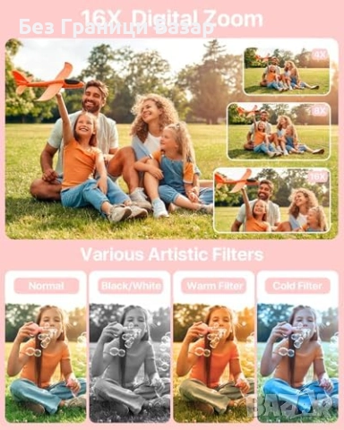 Нова Розова фото камера 1080P 44MP за деца и начинаещи с карта 32GB, снимка 4 - Камери - 52772524