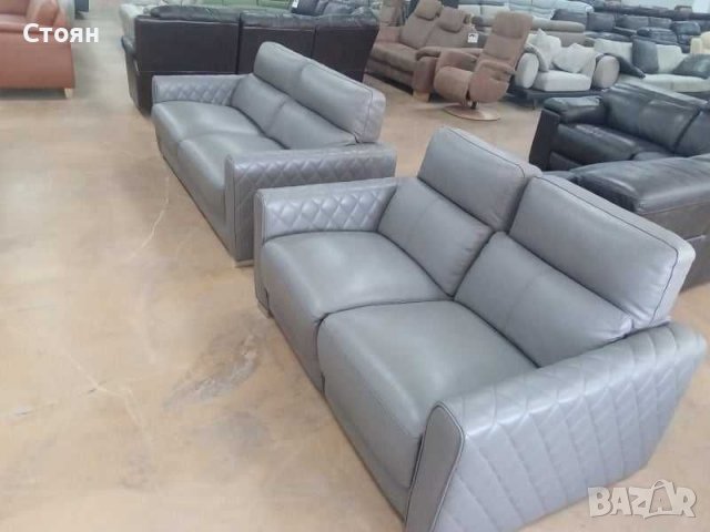 Сиви кожени дивани тройка и двойка с релаксиращ механизъм, снимка 10 - Дивани и мека мебел - 39977195