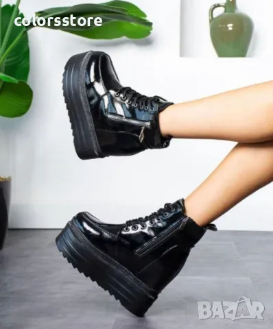 Боти на платформа - черен лак - BML88, снимка 2 - Дамски боти - 47910077
