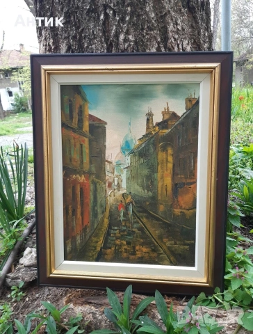 Красива Стара Картина Уличен Пейзаж Живопис Маслени Бои на Платно, снимка 4 - Картини - 53327691