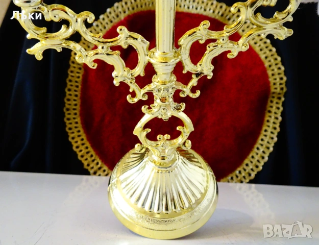 Калаен троен свещник тройка,посребрен,позлатен. , снимка 3 - Антикварни и старинни предмети - 53650541