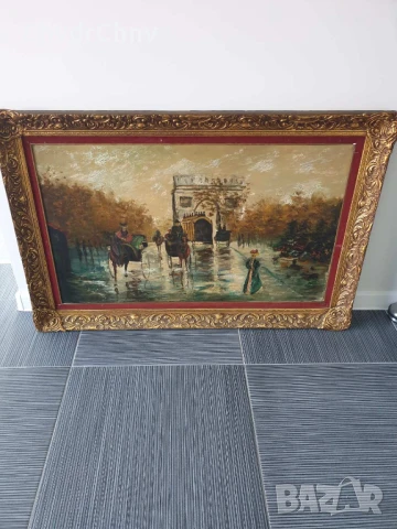 120х80см/стара голяма картина масло върху платно/градски пейзаж-Париж-карети/барокова дървена рамка