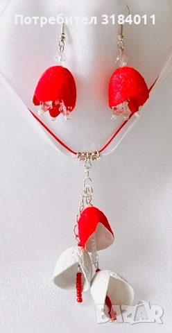Обеци и колиета в червено и бяло, снимка 2 - Колиета, медальони, синджири - 53604416