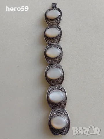 Прекрасна сребърна филигранна гривна с камъни от седеф,сребро 925-sterling, снимка 2 - Гривни - 47999153