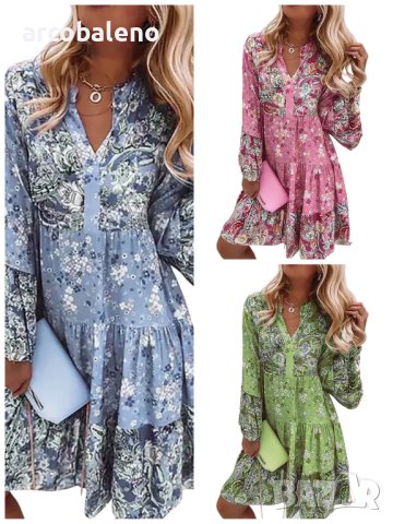 Дамска мини рокля с V-образно деколте и щампована флорална мозайка с дълги ръкави, 3цвята