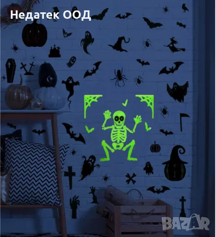 Гел стикери, Хелоуин, светещ в тъмното, скелет, снимка 2 - Декорация за дома - 47600452